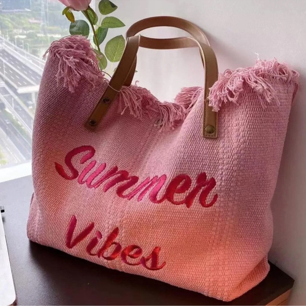 Luxe Vegan Leather Straps Summer Vibes Large Pink Travel Beach Bag